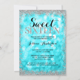 Convite Teal Silver Faux Glitter Lights Sweet 16 Aniversár