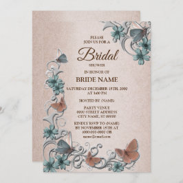 Convite Teal Silver Floral Butterfly Tan Bridal Shower