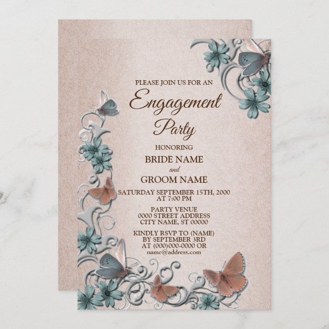 Convite Teal Silver Floral Butterfly Tan Engagement party (Frente/Verso)