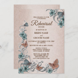 Convite Teal Silver Floral Butterfly Tan Rehearsal Dinner