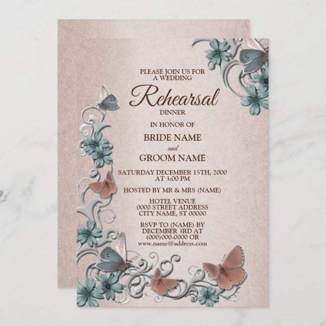 Convite Teal Silver Floral Butterfly Tan Rehearsal Dinner (Frente/Verso)