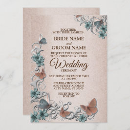 Convite Teal Silver Floral Copper Butterfly Tan Wedding