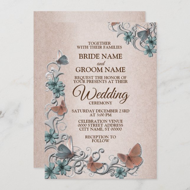 Convite Teal Silver Floral Copper Butterfly Tan Wedding (Frente/Verso)