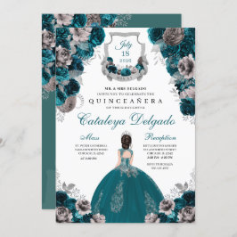 Convite Teal & Silver Floral Elegante Quinceañera