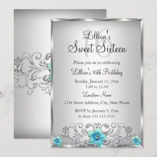 Convite Teal Silver Floral Swirl Sweet 16