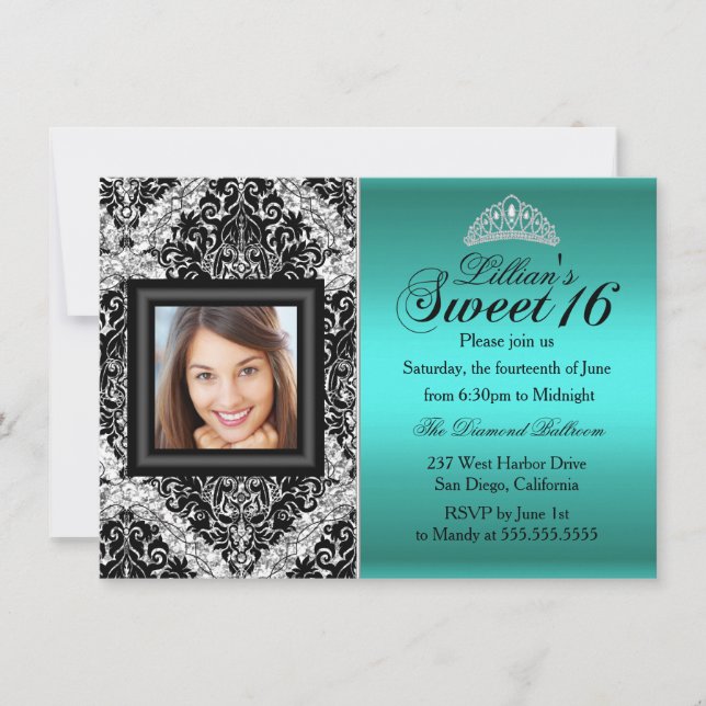 Convite Teal Silver Glitter Damask Foto Sweet 16 (Frente)