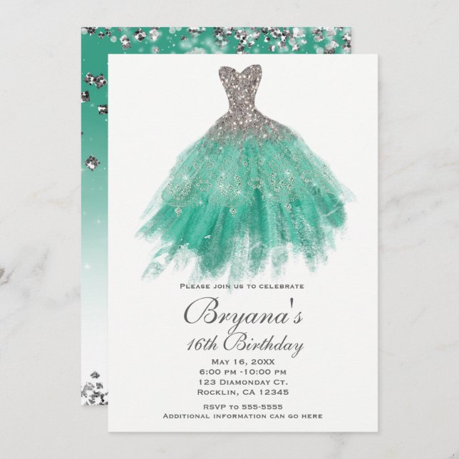 Convite Teal & Silver Glitter Glamor Dress Doce 16 Partido (Frente/Verso)