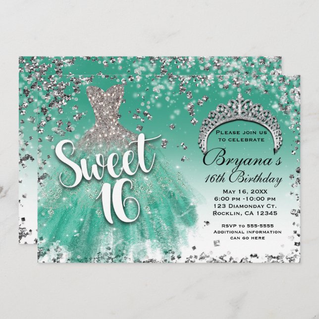 Convite Teal & Silver Glitter Glamor Dress Doce 16 Partido (Frente/Verso)