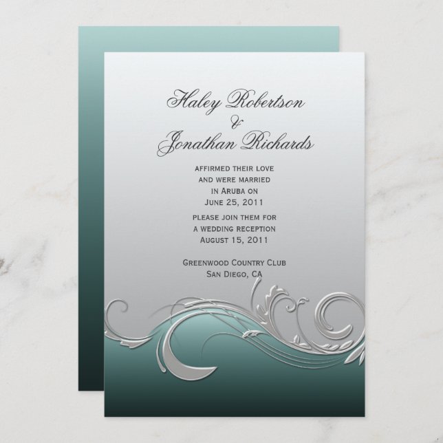 Convite Teal Silver Ornamentado Swirls Posta Casamento (Frente/Verso)