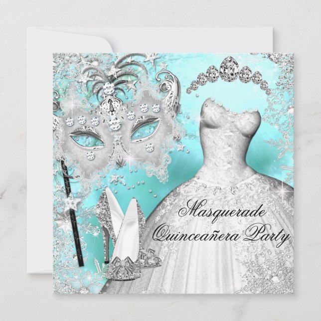 Convite Teal & Silver Princess Quinceanera Mascarada (Frente)