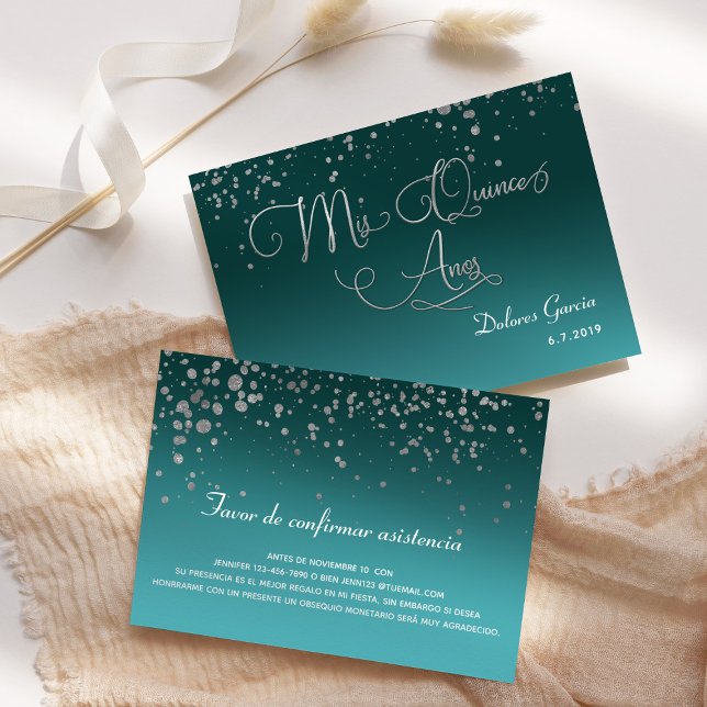 Convite Teal Silver RSVP Mis Quince Anos Espanha (Criador carregado)