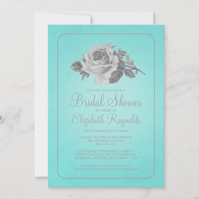 Convite Teal Silver Rustic Chá de panela Floral (Frente)
