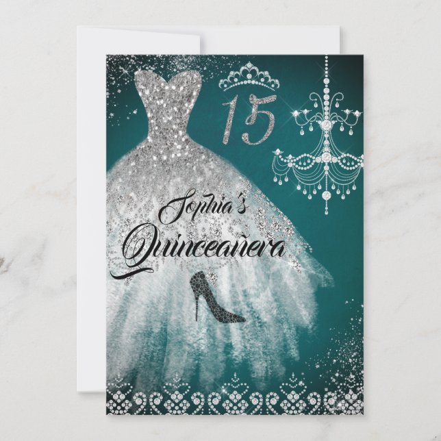 Convite Teal Silver Sparkle Diamond Dress Quinceanera (Frente)