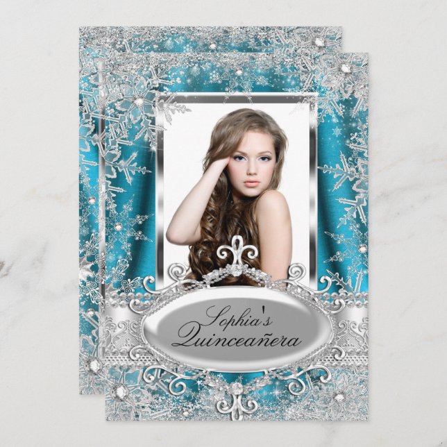 Convite Teal Silver Sparkle Jewel Snowflake Quinceanera (Frente/Verso)