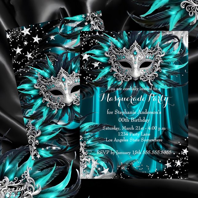 Convite Teal Silver Sparkle Magical Night Masquerade Party (Criador carregado)