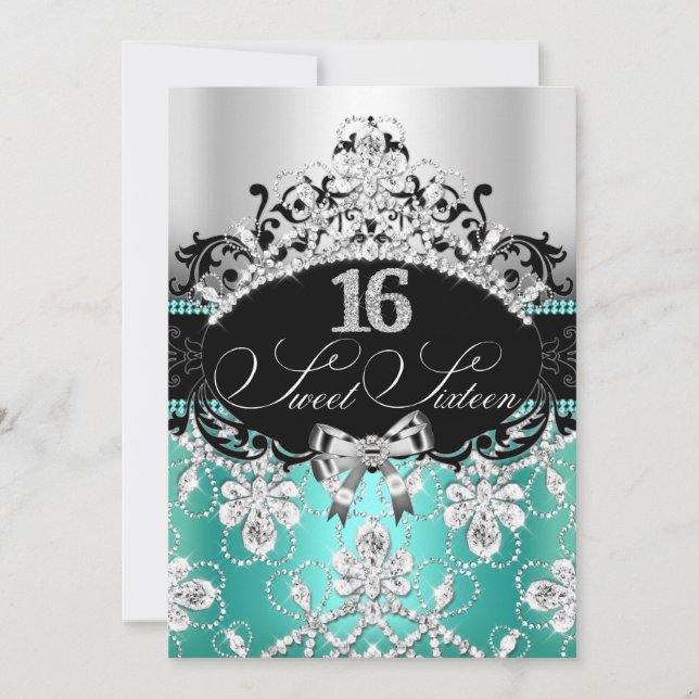 Convite Teal Silver Sweet 16 Sparkle Tiara Birthday Invite (Frente)