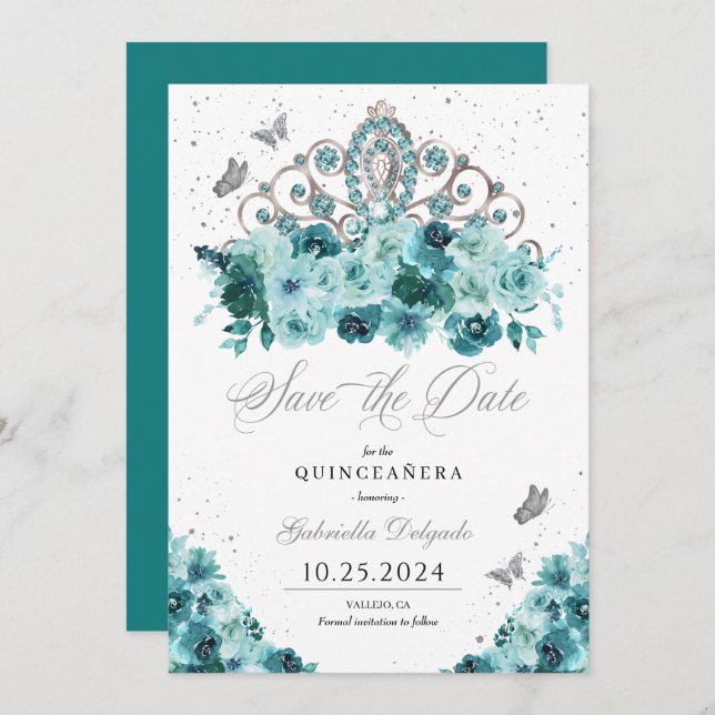 Convite Teal & Silver Tiara Salve A Data Quinceañera (Frente/Verso)