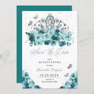 Convite Teal & Silver Tiara Salve A Data Quinceañera