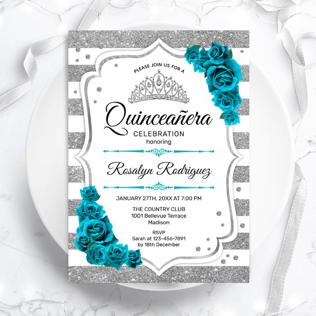Convite Teal Silver White Stripes Elegante Quinceanera (Criador carregado)