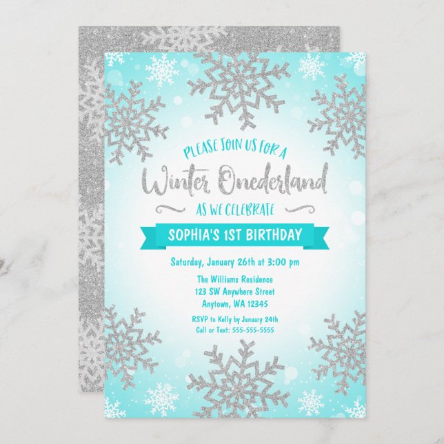 Convite Teal Silver Winter ONEderland primeiro aniversario (Frente/Verso)