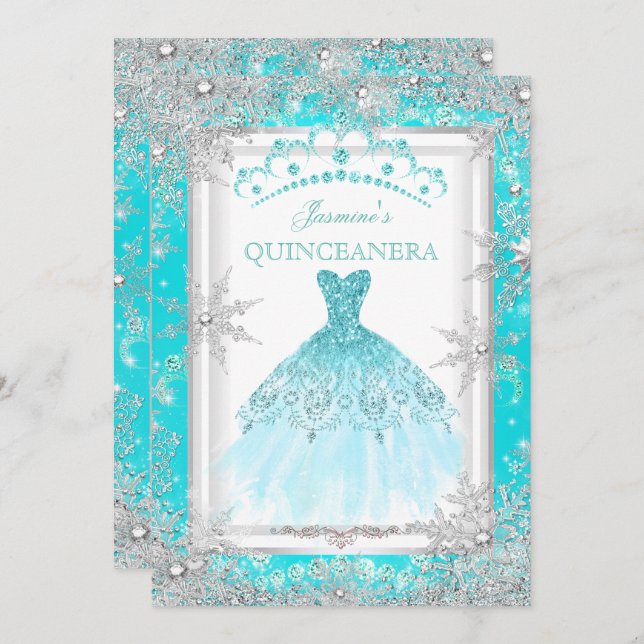 Convite Teal Silver Winter Wonderland Quinceanera (Frente/Verso)
