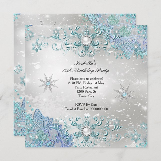 Convite Teal Silver Winter Wonderland Snowflakes Partido (Frente/Verso)