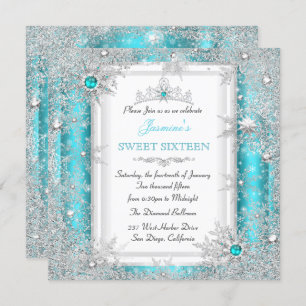 Convite Teal Silver Winter Wonderland Sweet 16 Snowflake