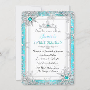 Convite Teal Silver Winter Wonderland Sweet 16 Snowflake