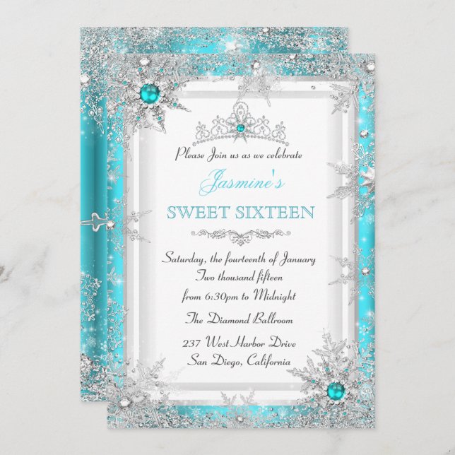 Convite Teal Silver Winter Wonderland Sweet 16 Snowflake (Frente/Verso)