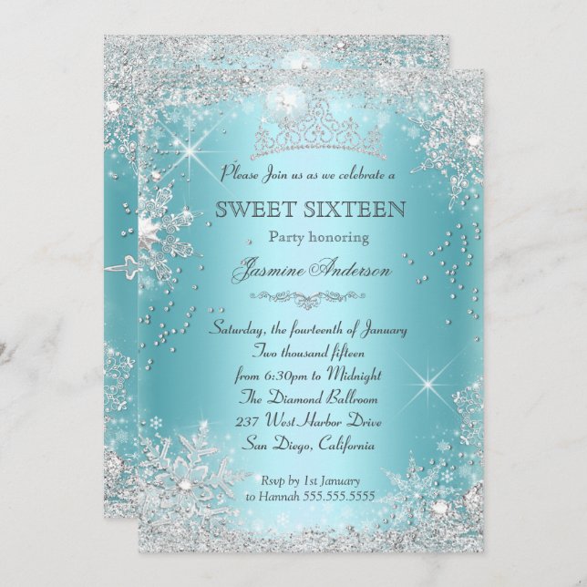 Convite Teal Silver Winter Wonderland Sweet 16 Tiara (Frente/Verso)