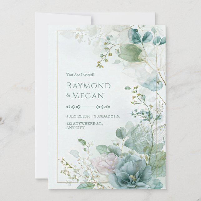 Convite Teal Skeletal Leaf Botanical Gold Frame Wedding (Frente)