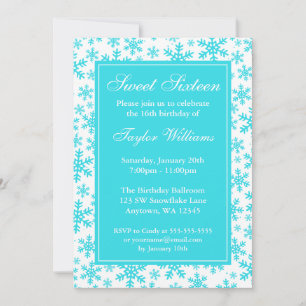 Convite Teal Snowflake Border Winter Wonderland Sweet 16