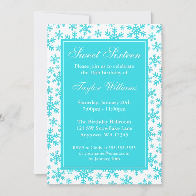 Convite Teal Snowflake Border Winter Wonderland Sweet 16 (Frente)