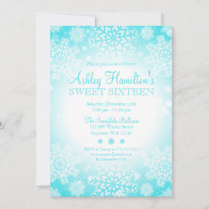 Convite Teal Snowflake Brilho Winter Wonderland Sweet 16