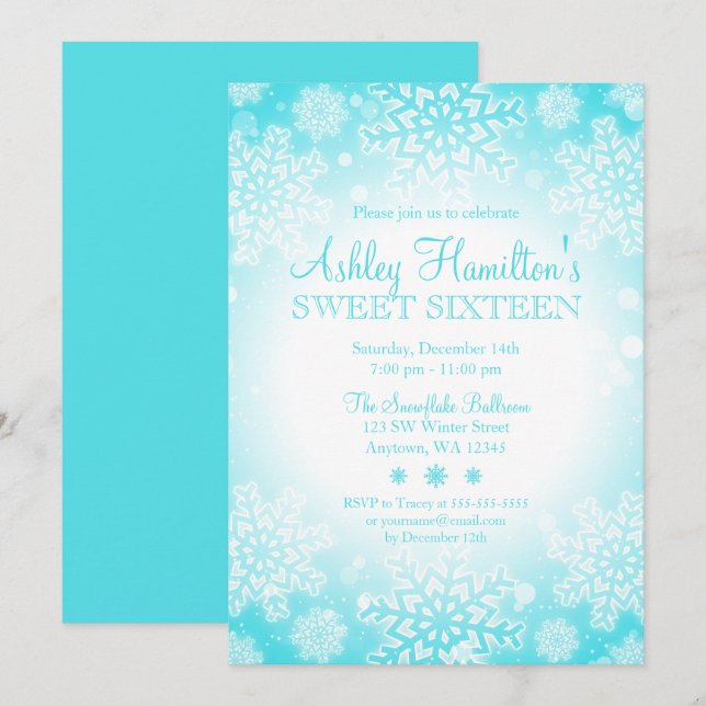Convite Teal Snowflake Gllow Winter Wonderland Sweet 16 (Frente/Verso)