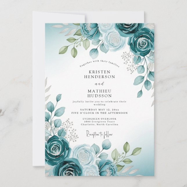 Convite Teal Soft Watercolor Botanical Wedding (Frente)