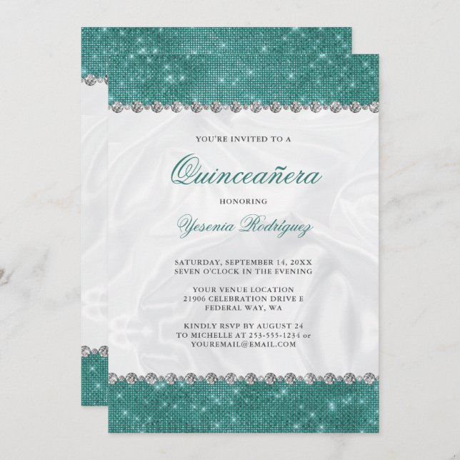 Convite Teal Sparkle Glitter Glam Diamond Quinceañera (Frente/Verso)