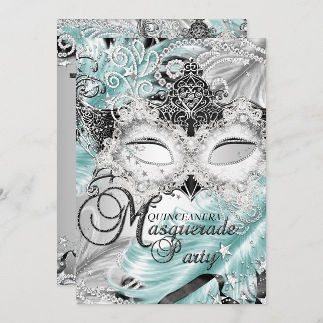 Convite Teal Sparkle Mascarada Quinceanera (Frente/Verso)