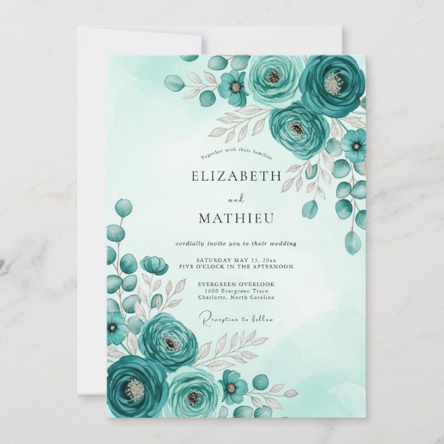 Convite Teal Stately Botanical Wedding (Frente)