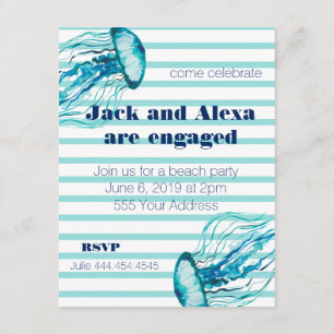 Convite Teal Stripes Watercolor Jellyfish Party Beach