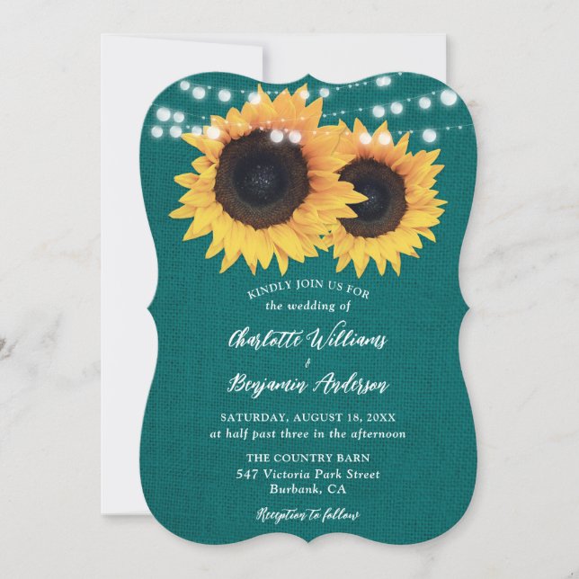 Convite Teal Sunflower Burlap Hearts String Lights Casamen (Frente)