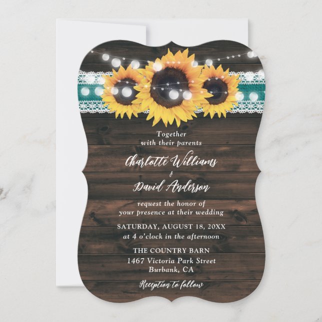 Convite Teal Sunflower Rustic Wood String Lights Wedding (Frente)