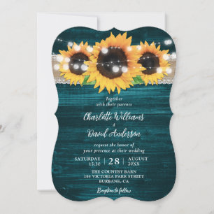 Convite Teal Sunflower String Lights Burlap Wood Weding