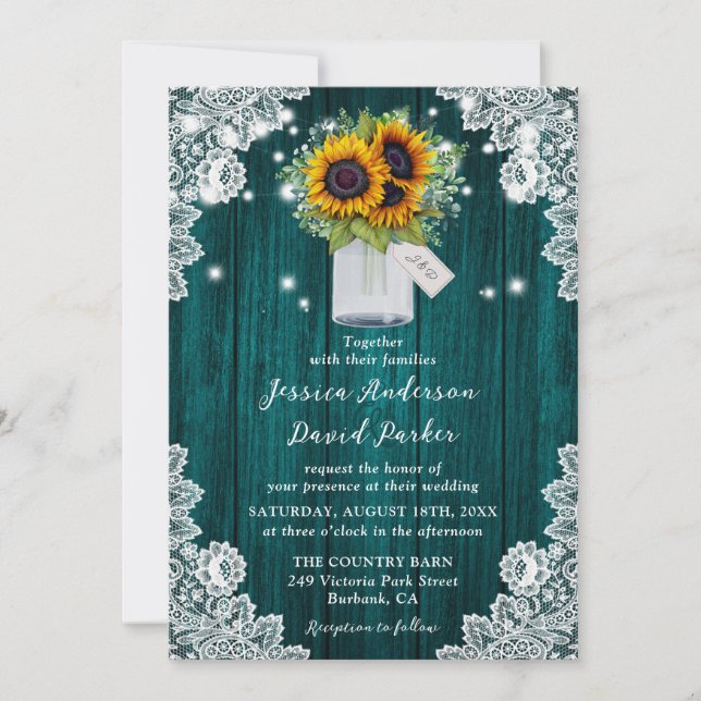 Convite Teal Sunflower Wood Lace Mason Jar Wedding (Frente)