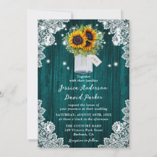 Convite Teal Sunflower Wood Lace Mason Jar Wedding