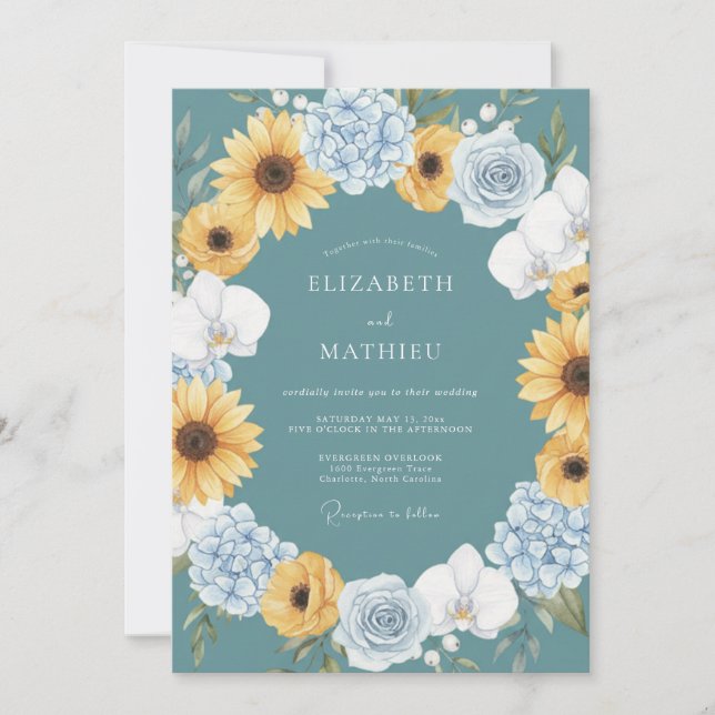 Convite Teal Sunny Sunflower Wedding (Frente)