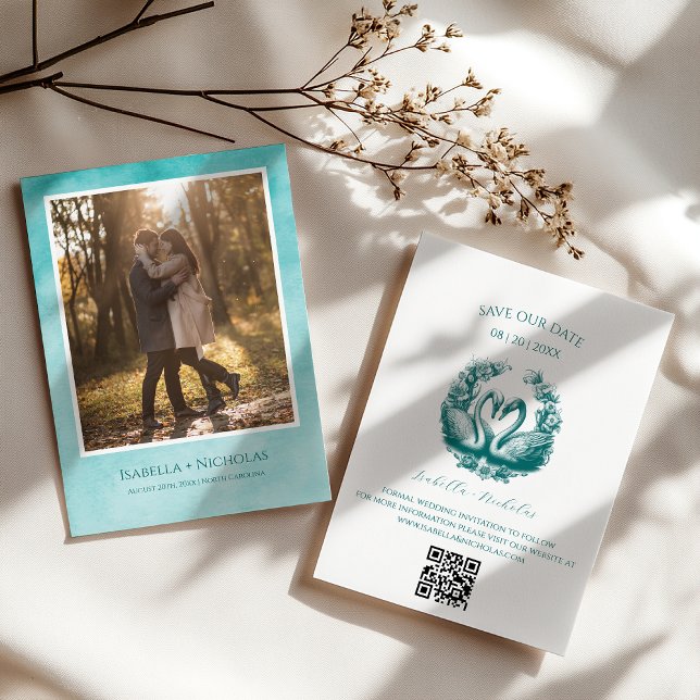 Convite Teal Swan Photo Save the Date Card (Romantic Teal Save The Date)