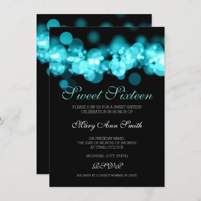 Convite Teal Sweet 16 Birthday Bokeh Lights (Frente/Verso)