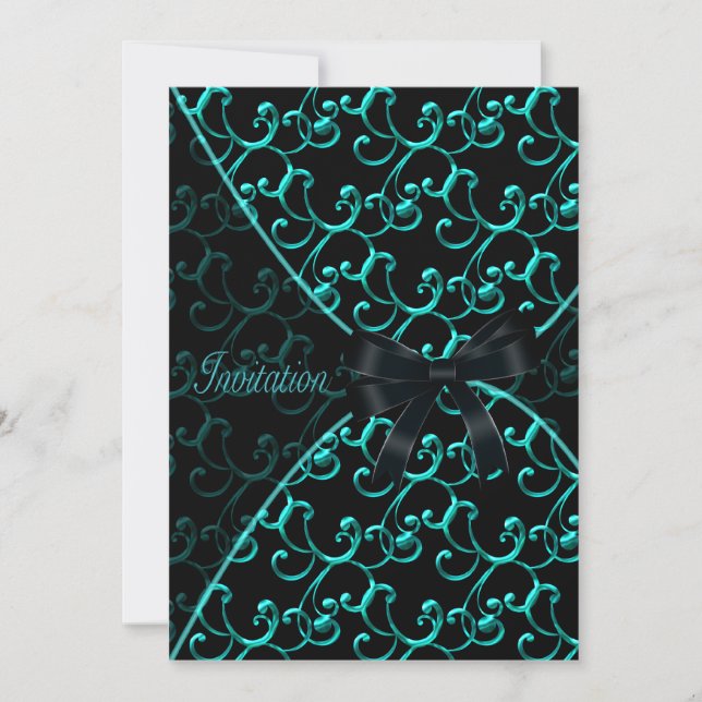 Convite Teal Swirls Black Party Modelo (Frente)