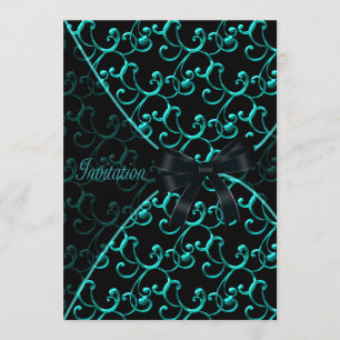 Convite Teal Swirls Black Party Modelo